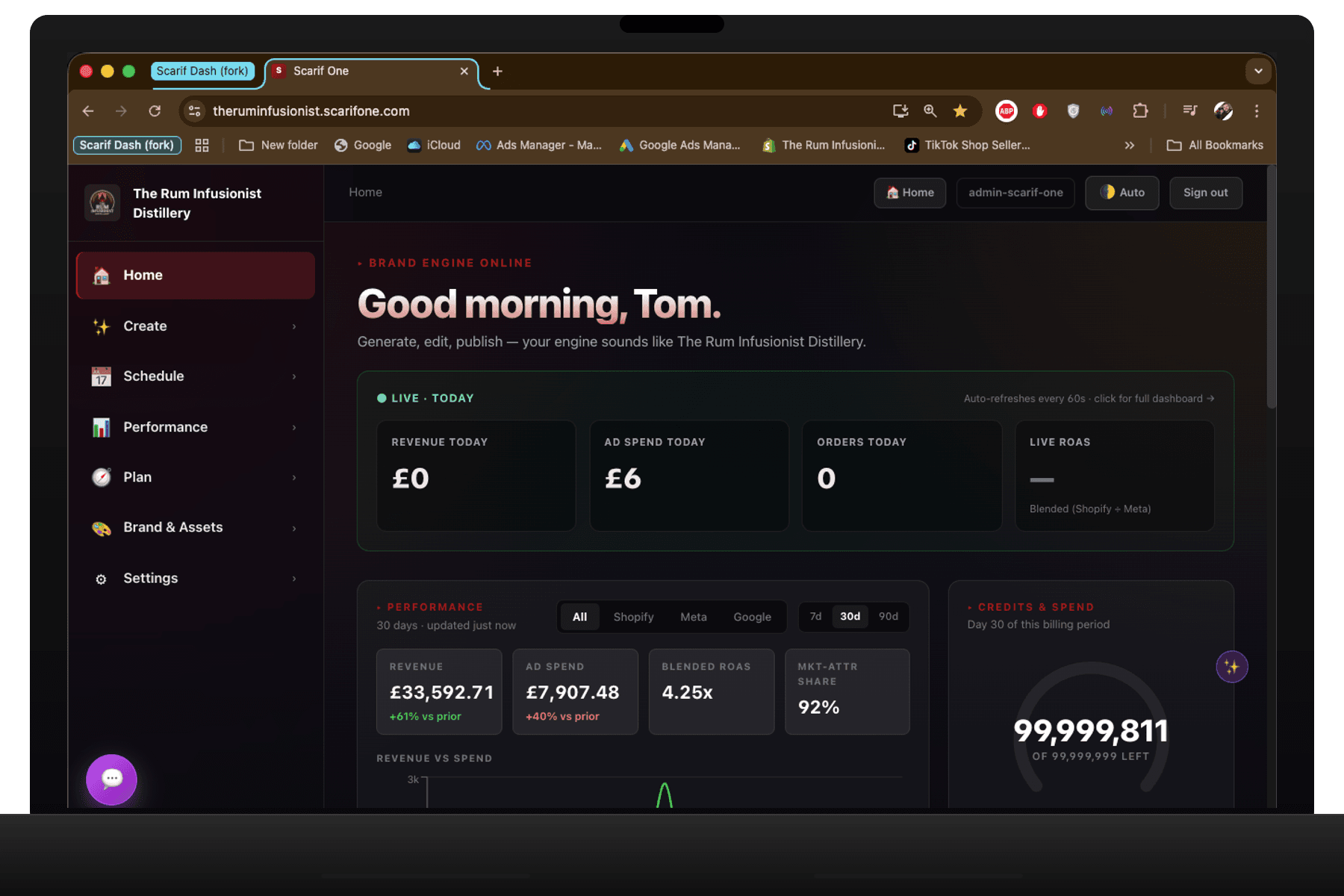 TRI dashboard showing £33,592 monthly revenue, 4.25x ROAS, 92% MKT-attributed share