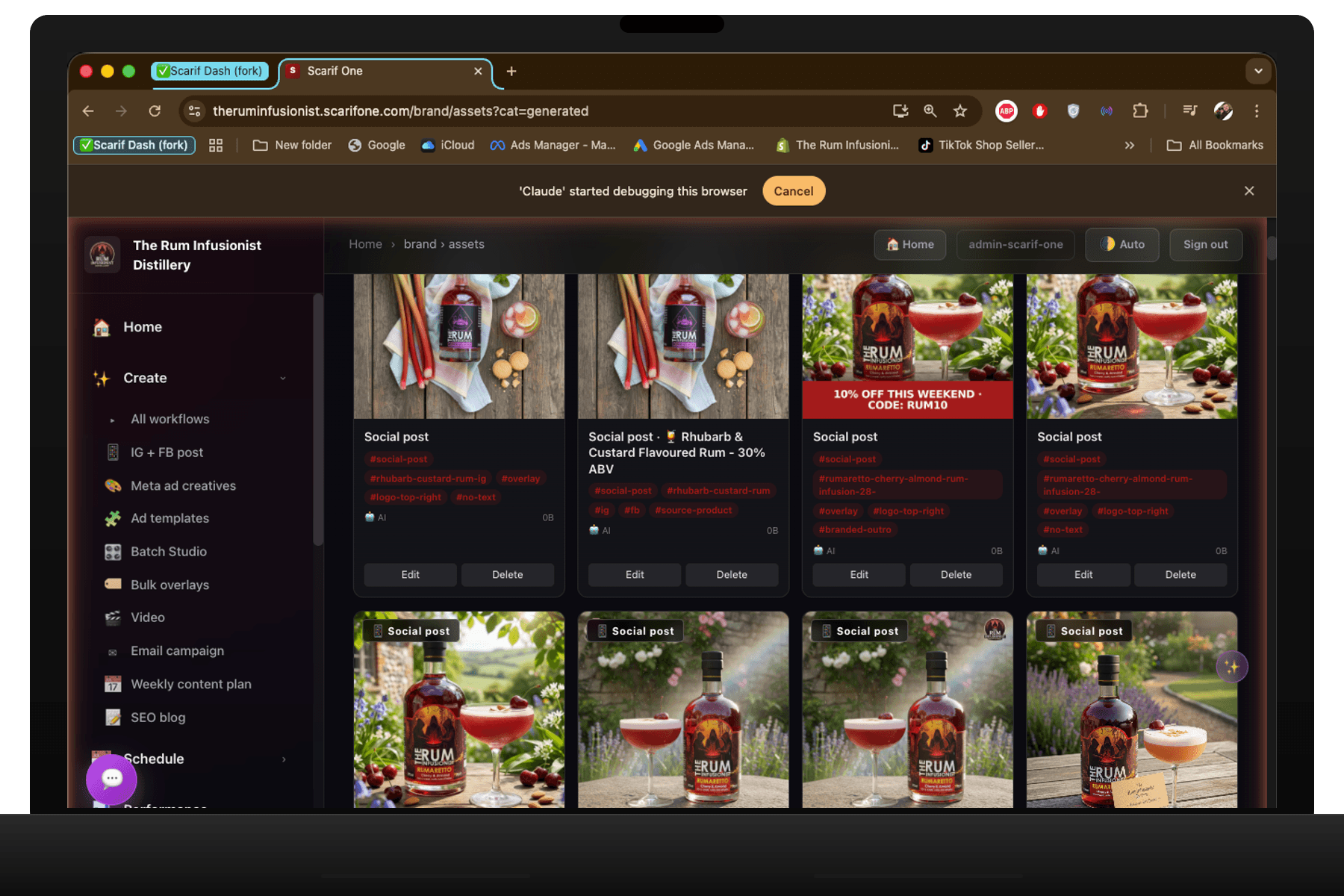 Grid of TRI's auto-generated ad creatives with real product photography and overlays