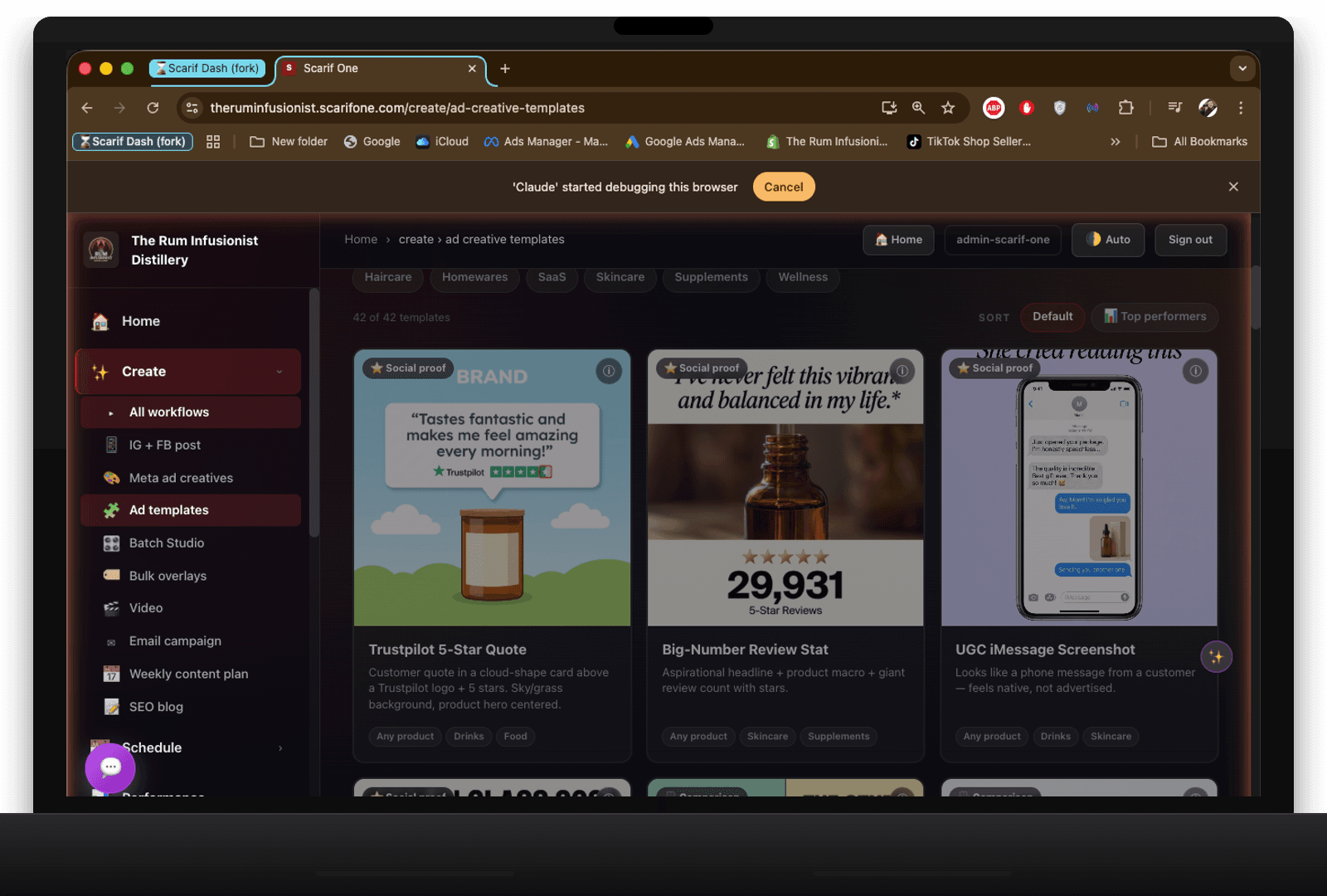 42 ad creative template cards spanning ecom + SaaS